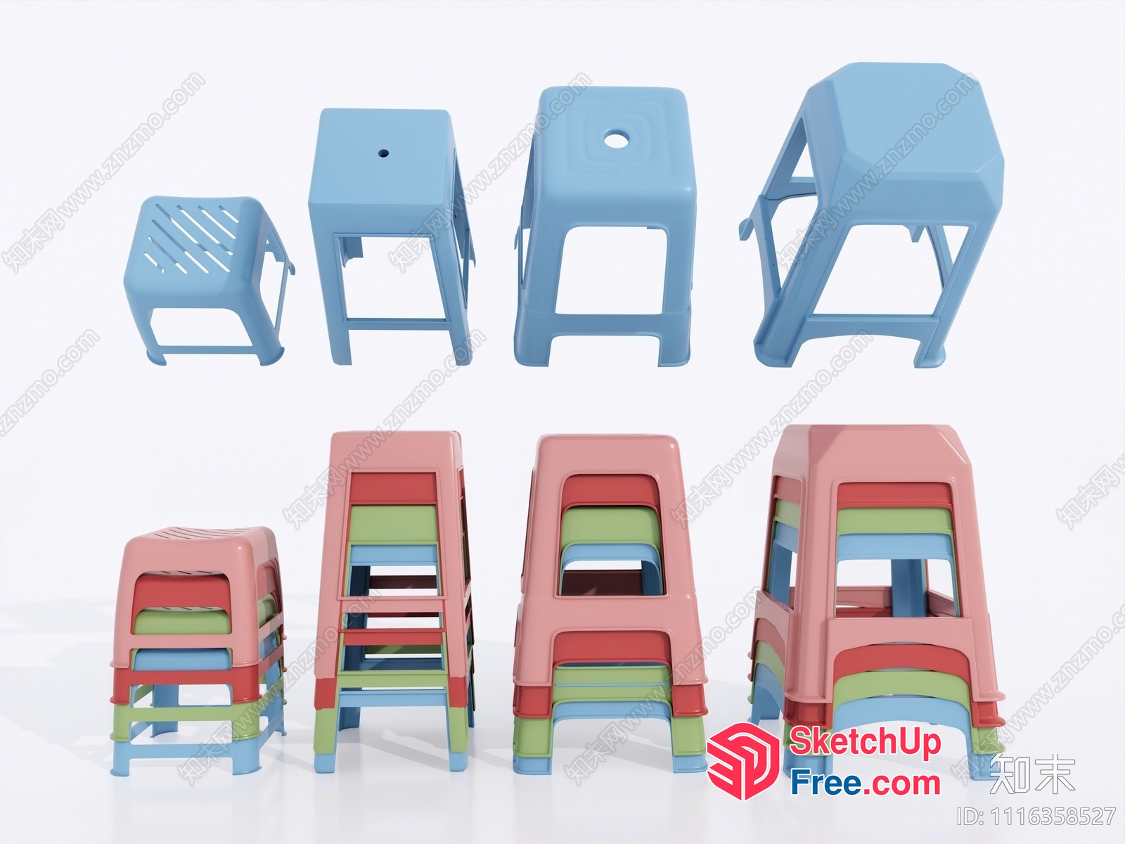 Stacked Plastic Stools Of Various Sizes And Colors 3D SketchUp File
