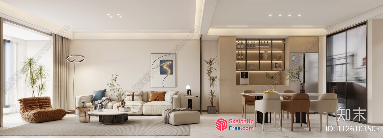 Modern Minimalist Living Room And Dining Space 3D SketchUp File