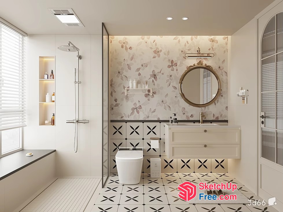 Modern Bathroom With Floral Accent Wall And White Decor 3D SketchUp File