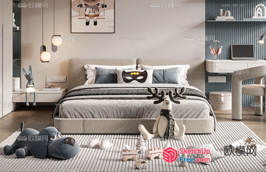 Modern Kids Bedroom With Toys And Bed 3D SketchUp File