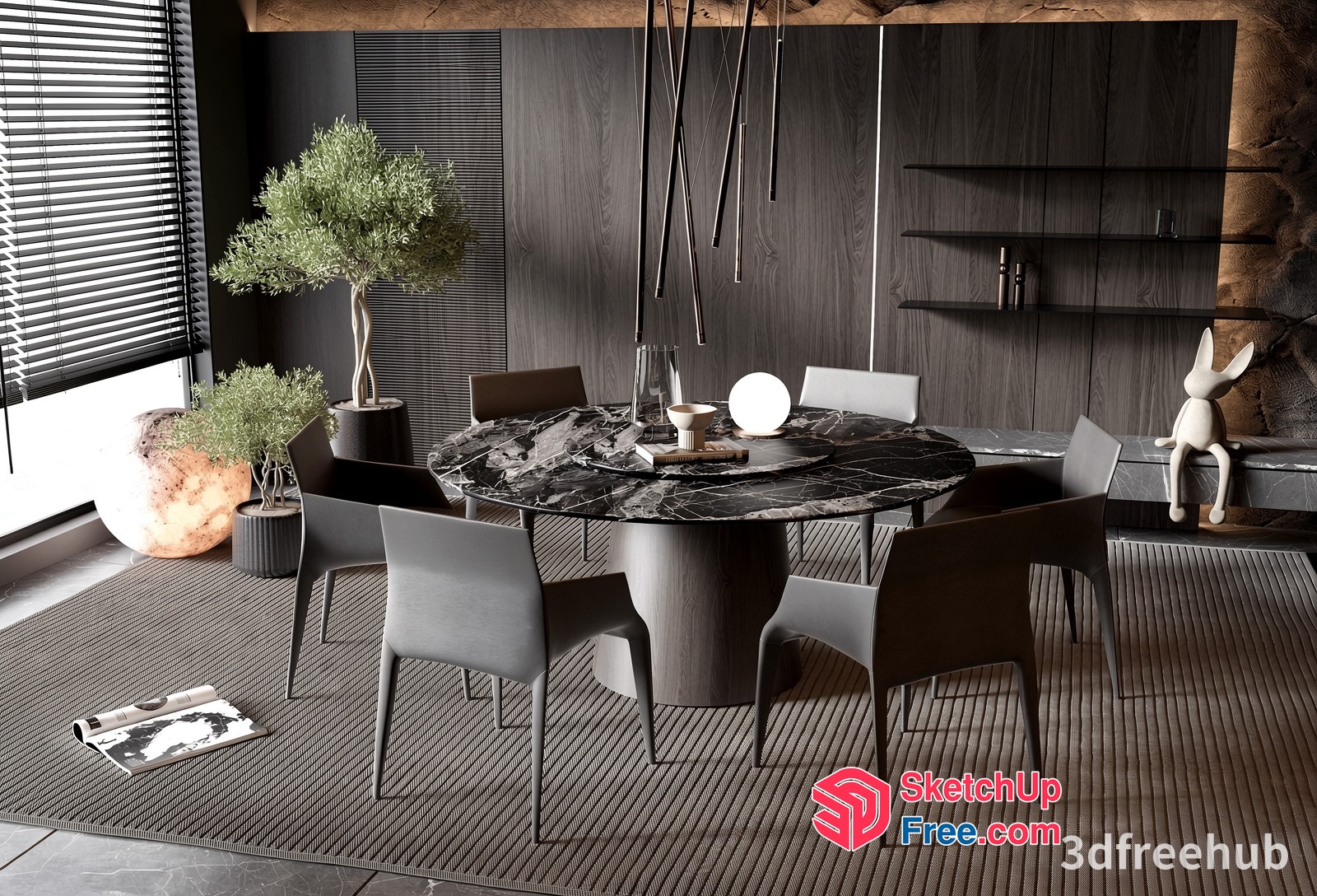 Modern Dining Room With Dark Furniture And Plants 3D SketchUp File