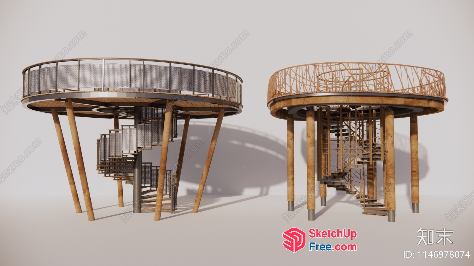 Modern Circular Wooden Structure With Staircase And Railing 3D SketchUp File