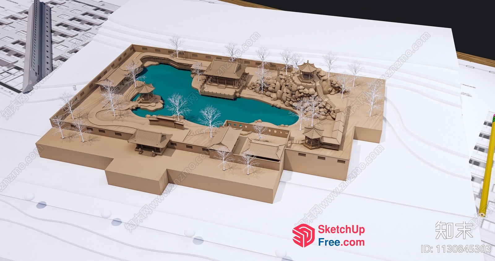 3D Rendering Of A Serene Asian-Inspired Villa With A Pool 3D SketchUp File