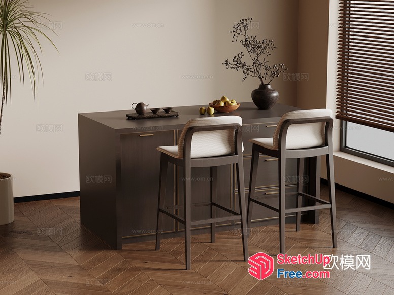 Modern Minimalist Kitchen Island With Wooden Stools 3D SketchUp File