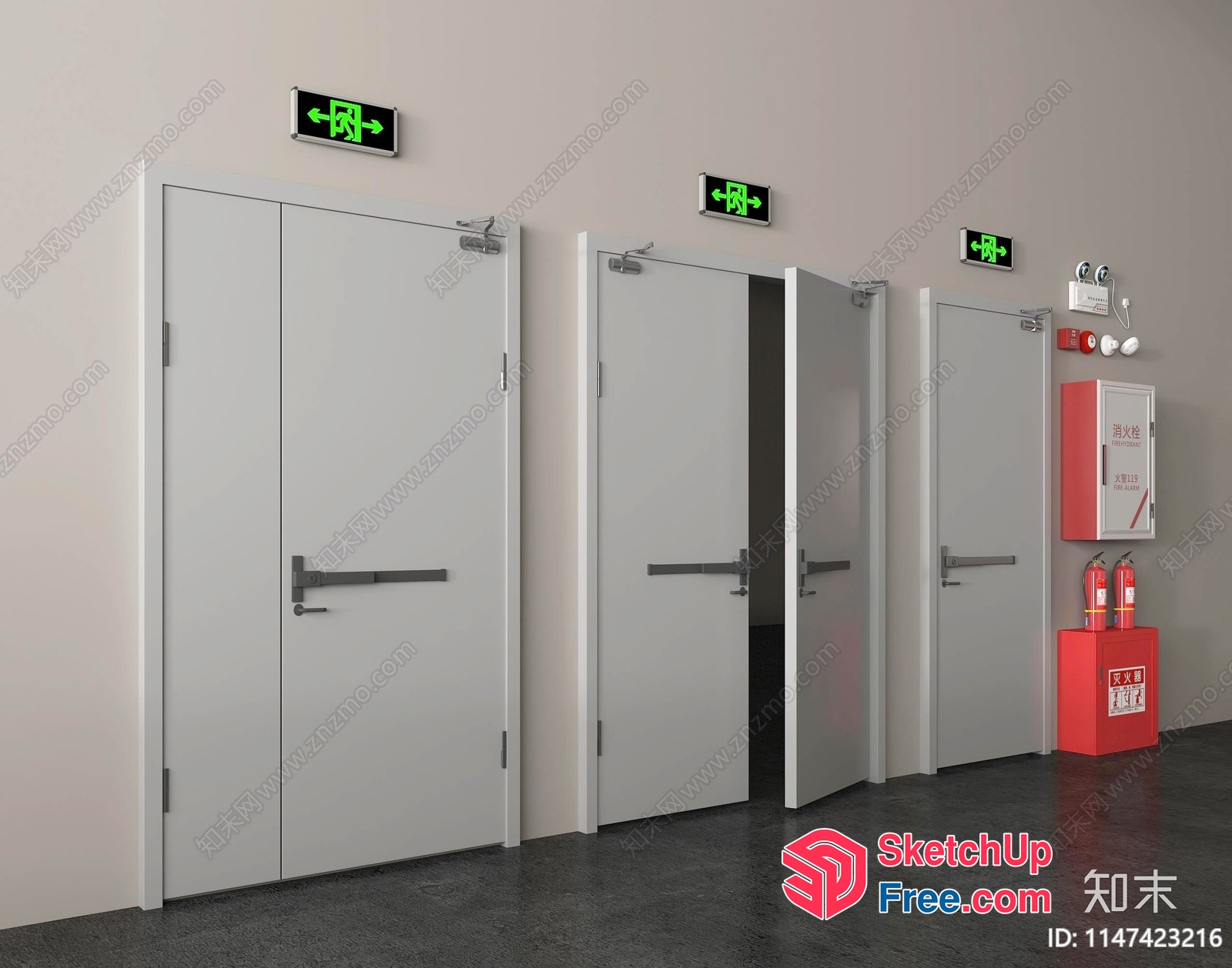 Emergency Exit Doors With Green Signs 3D SketchUp File
