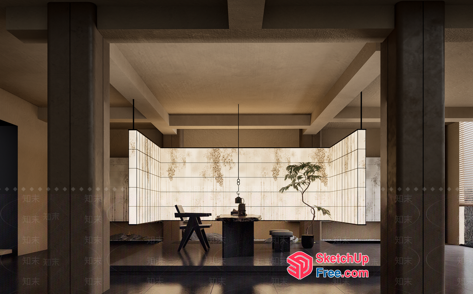 Modern Japanese-Inspired Interior Design With Elegant Pillars 3D SketchUp File