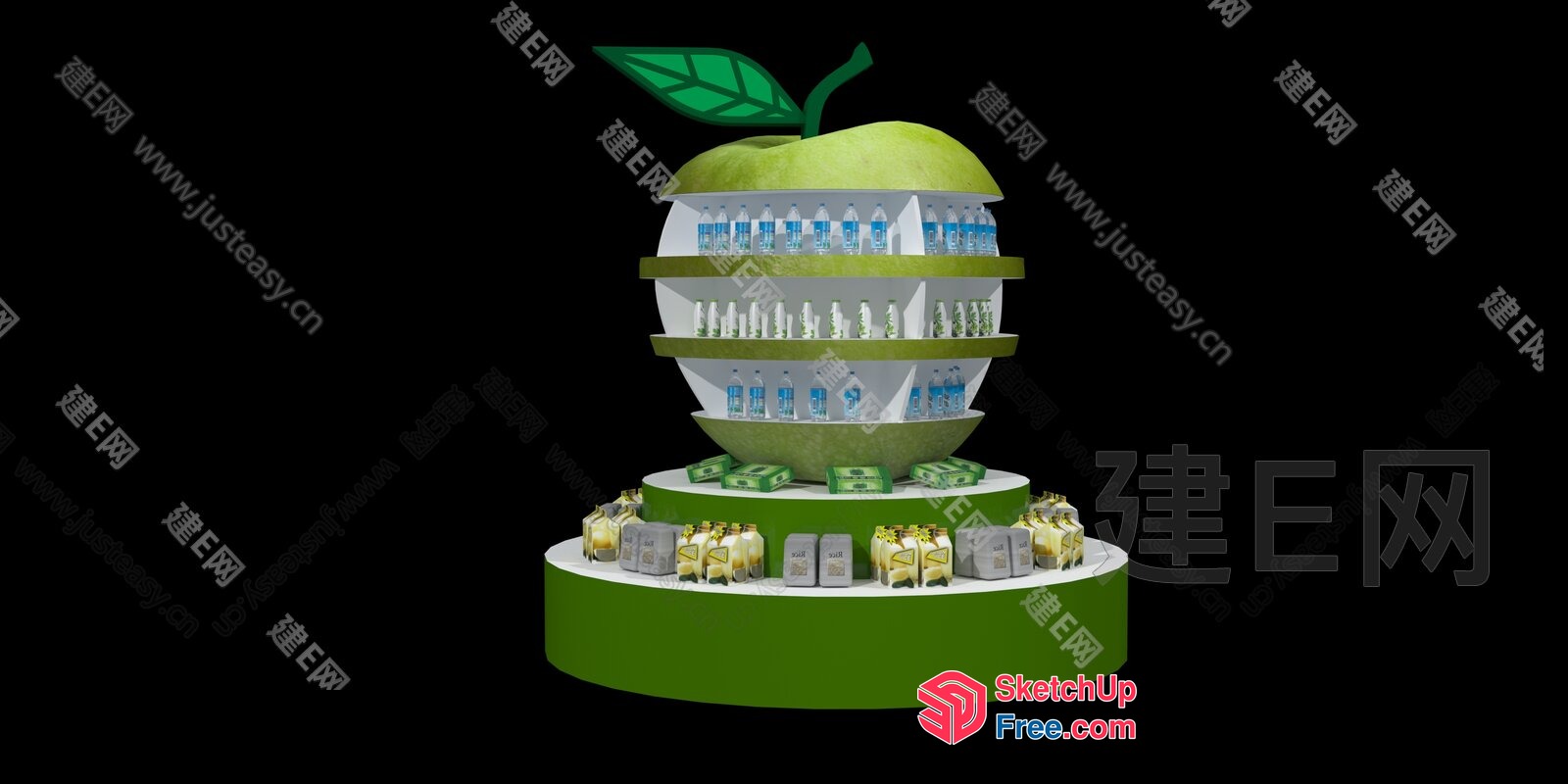Apple-Shaped Display Stand With Water Bottles And Other Products 3D SketchUp File