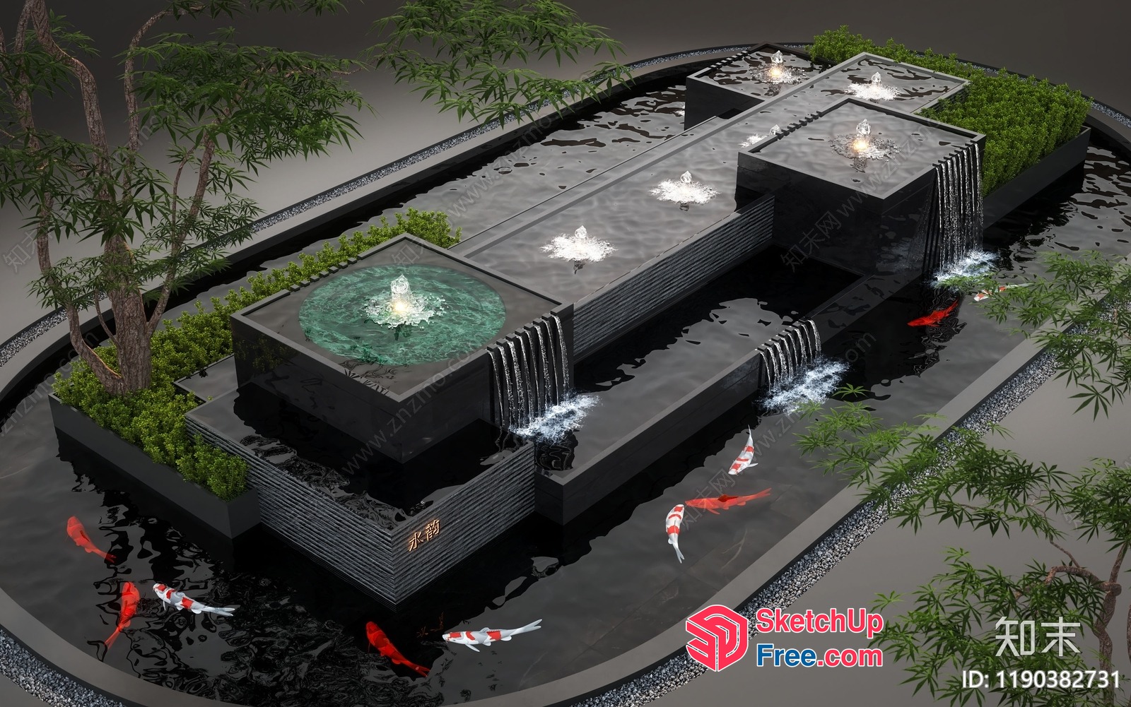 Modern Koi Pond And Waterfall Feature 3D SketchUp File