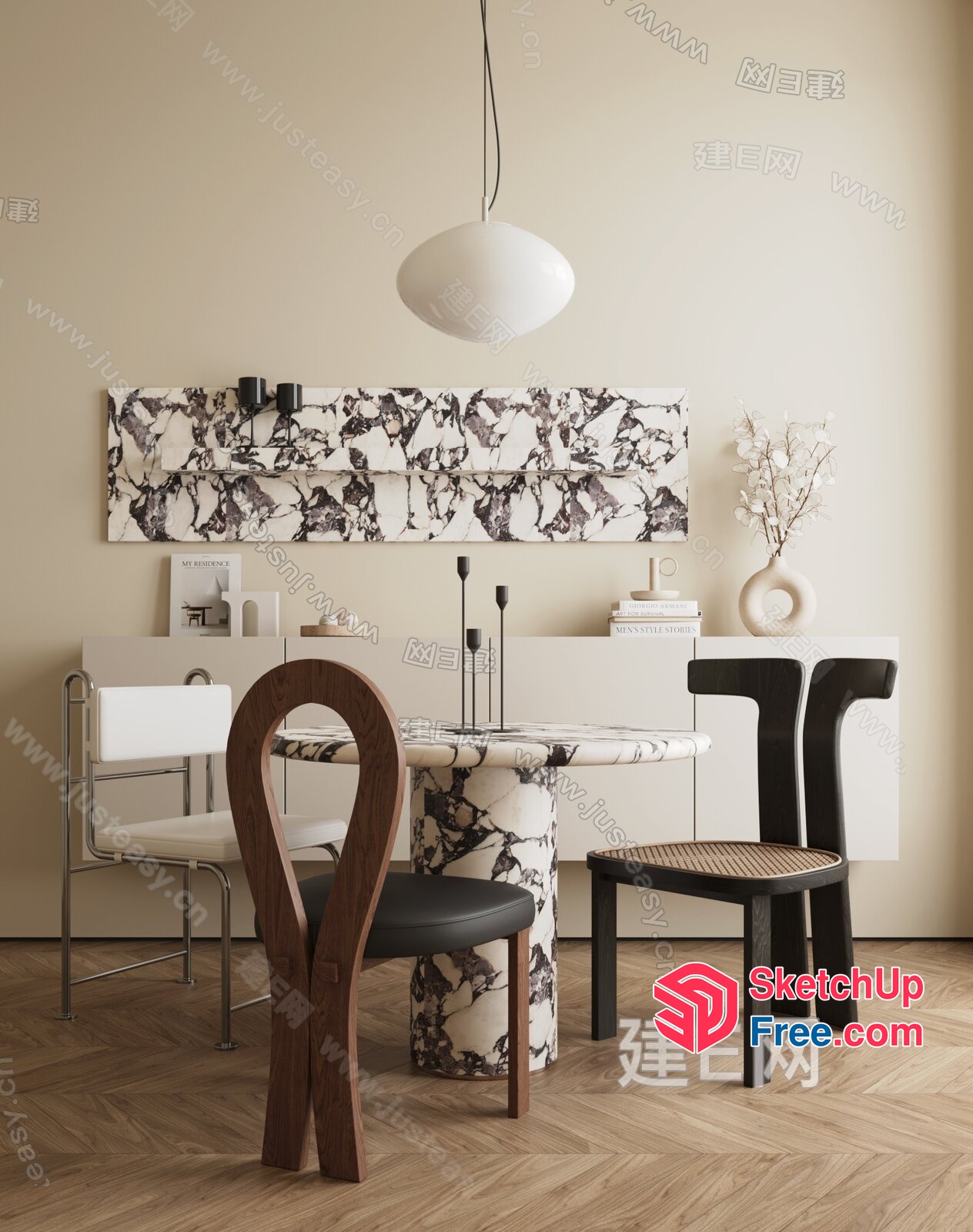 Modern Dining Room With Marble Table And Chairs 3D SketchUp File