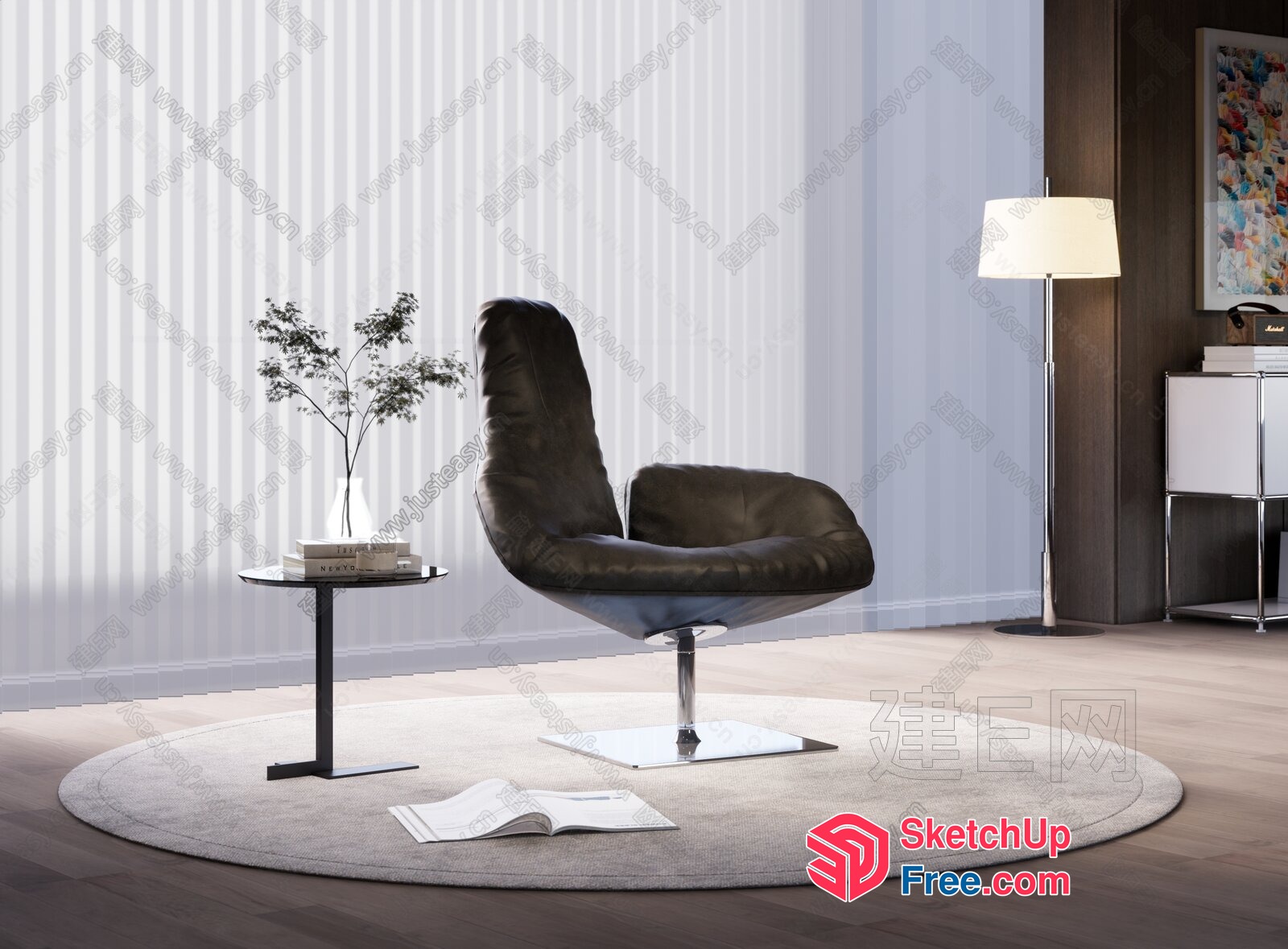 Modern Leather Chair With Sleek Design And Circular Rug 3D SketchUp File