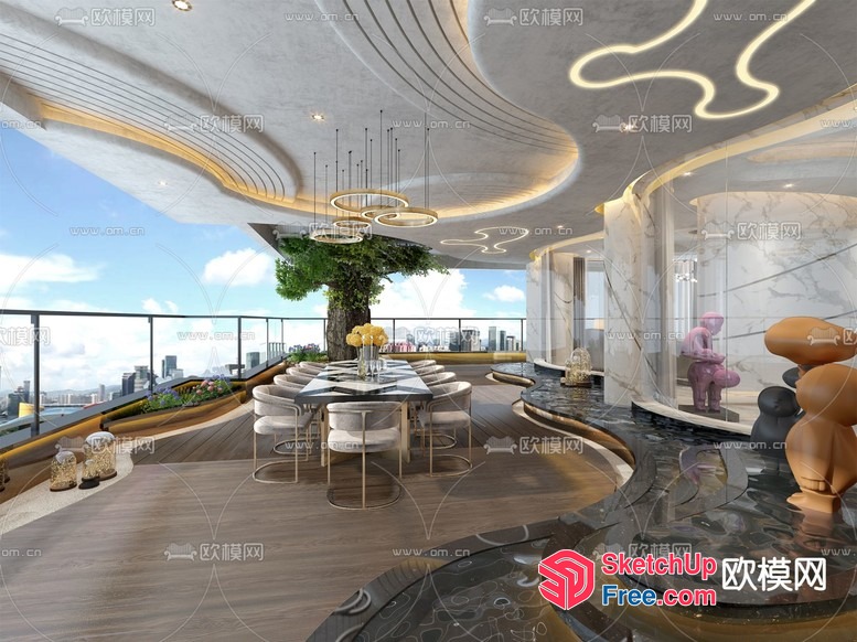 Elegant And Modern Dining Room With A Stunning City View 3D SketchUp File