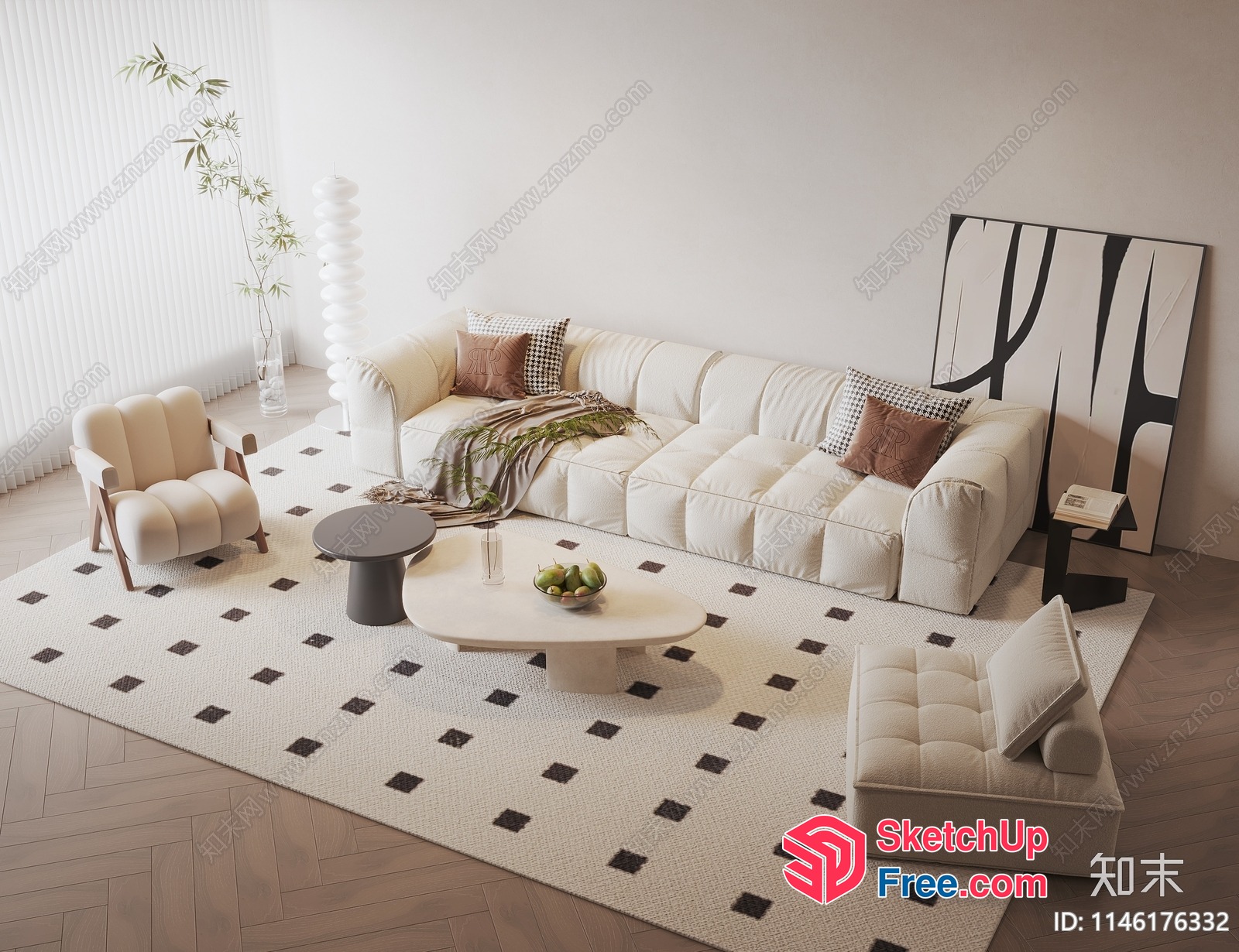 Modern Minimalist Living Room With Creamy Sofa And Rug 3D SketchUp File