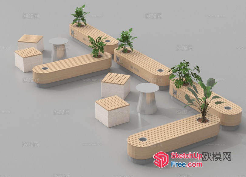 Modern Wood And Concrete Bench And Stool Set With Plants 3D SketchUp File