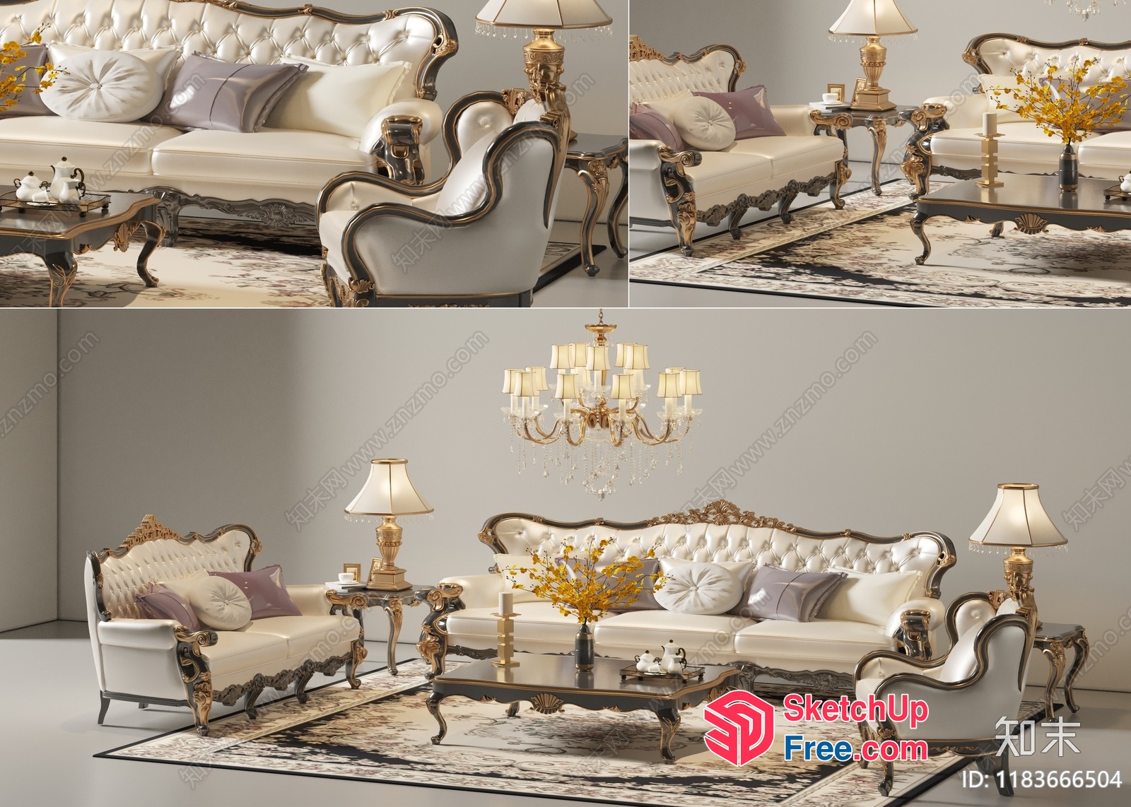 Elegant Living Room Furniture Set With Creamy Style 3D SketchUp File