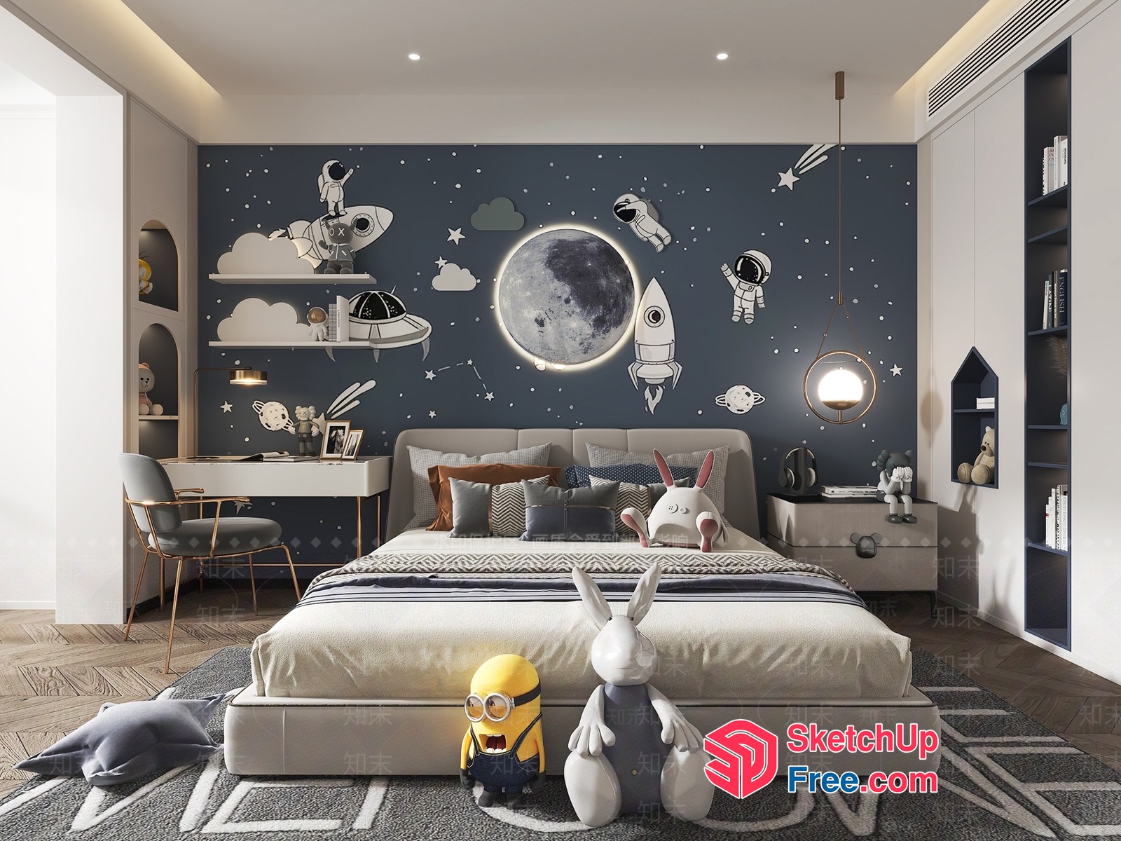 Space-Themed Children'S Bedroom With Cartoon Characters 3D SketchUp File