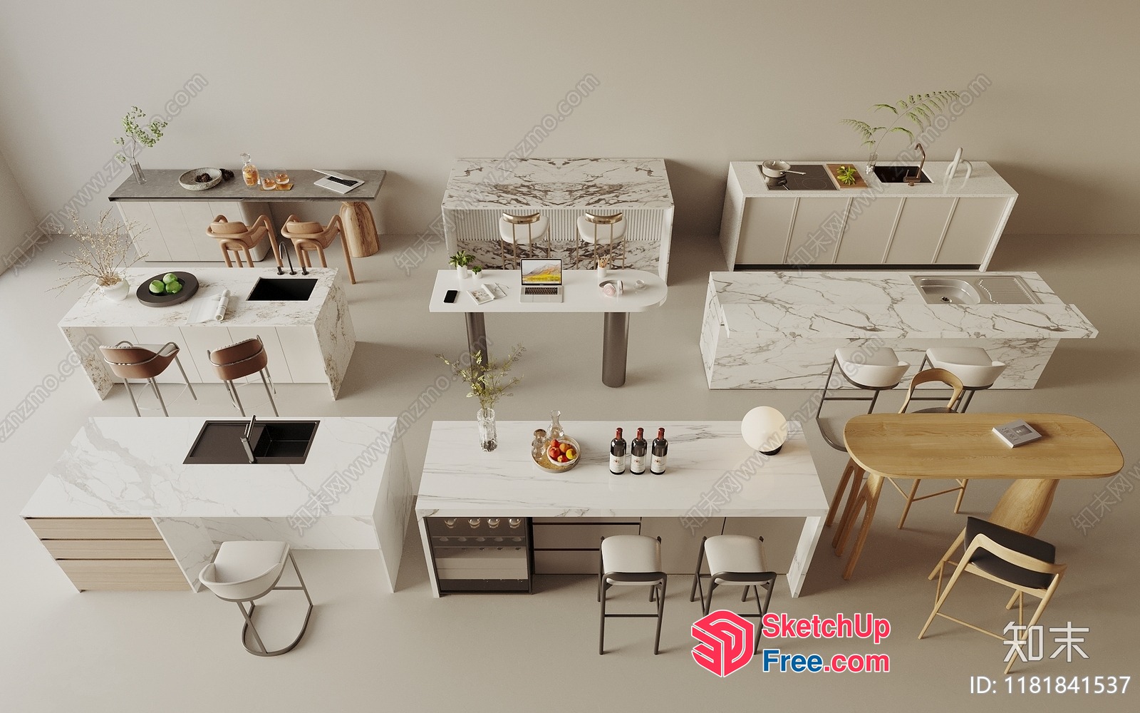Modern Kitchen Island Designs With White Marble Countertops 3D SketchUp File