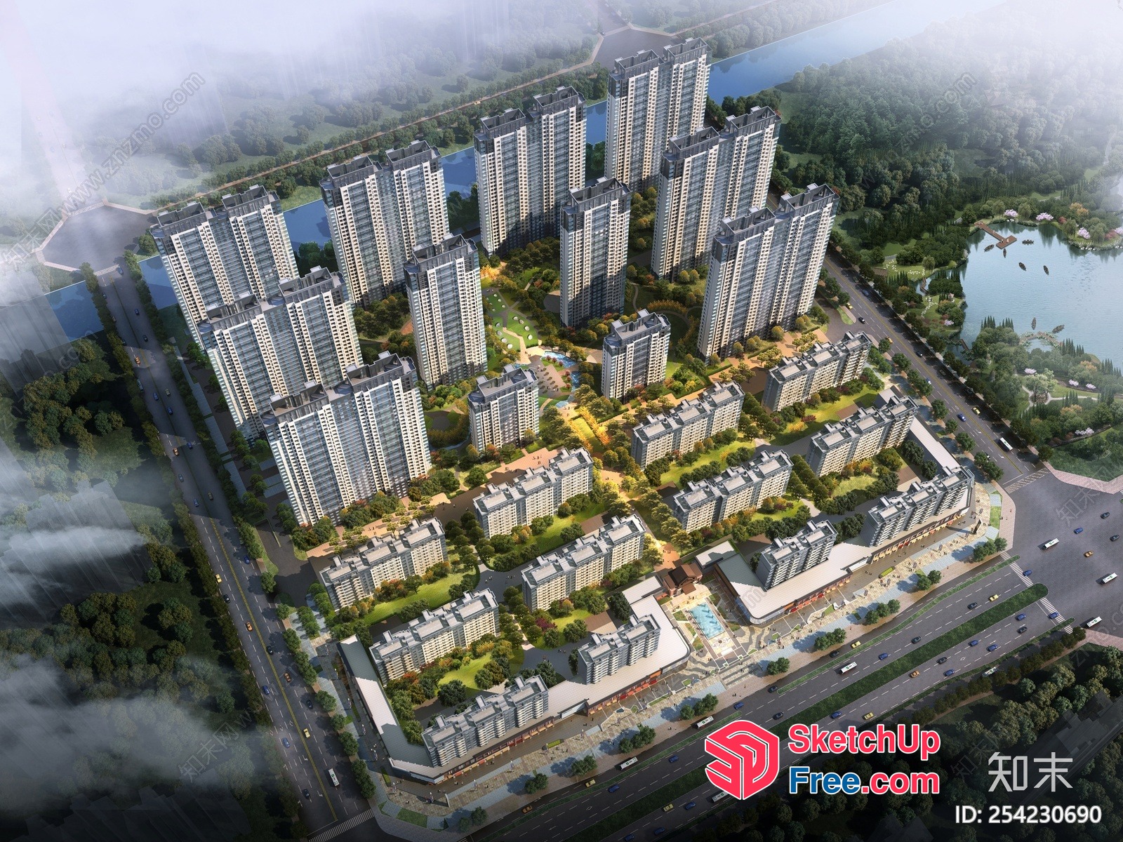 Aerial View Of A Large Apartment Complex With A Park 3D SketchUp File