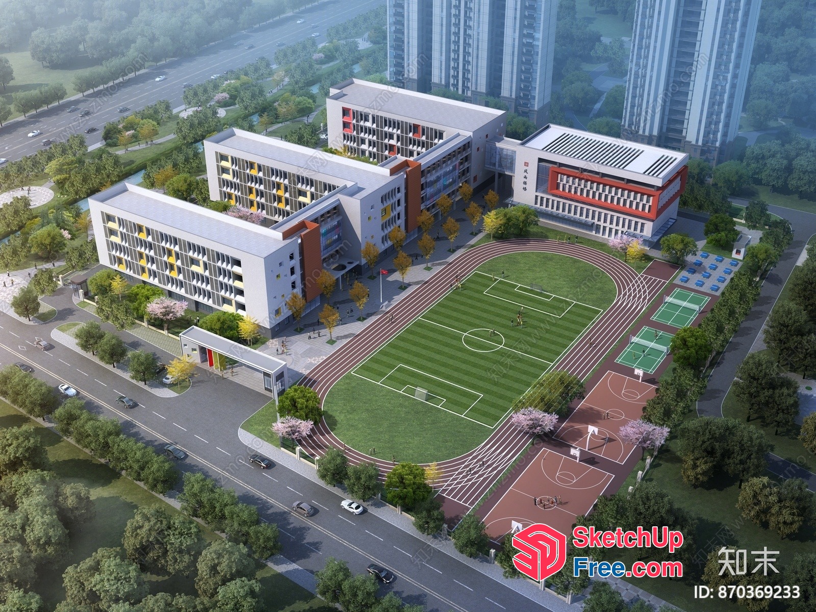 Modern School Building With Sports Facilities And Parking 3D SketchUp File