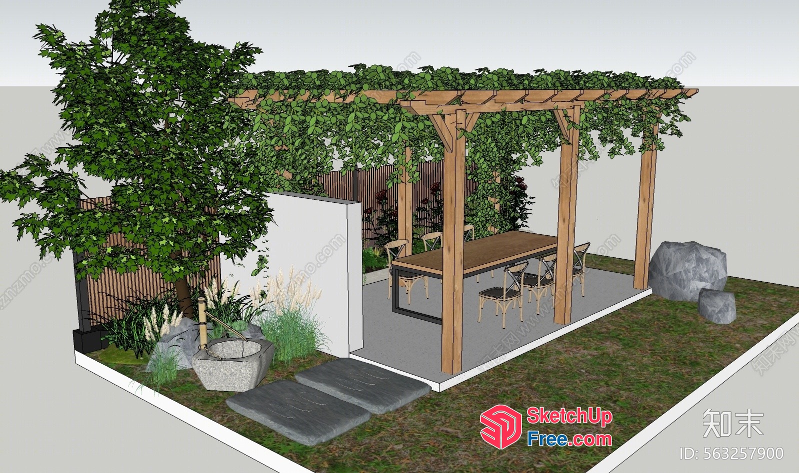 Elegant Japanese-Style Outdoor Seating Area With Wooden Pergola 3D SketchUp File