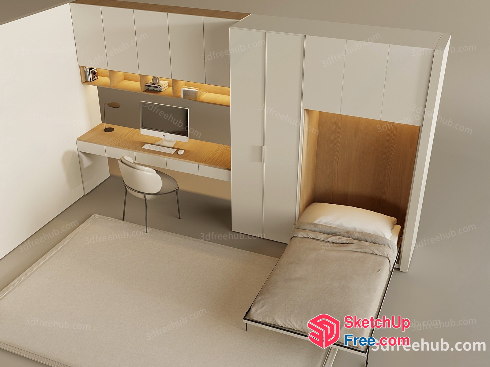 Minimalist Bedroom Interior With Built-In Desk And Bed 3D SketchUp File