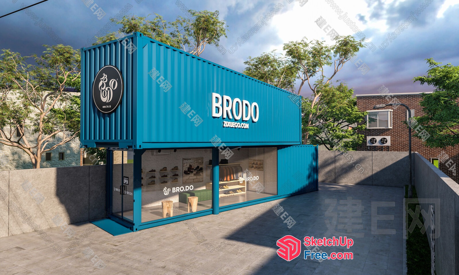 Blue Shipping Container Shop 3D SketchUp File