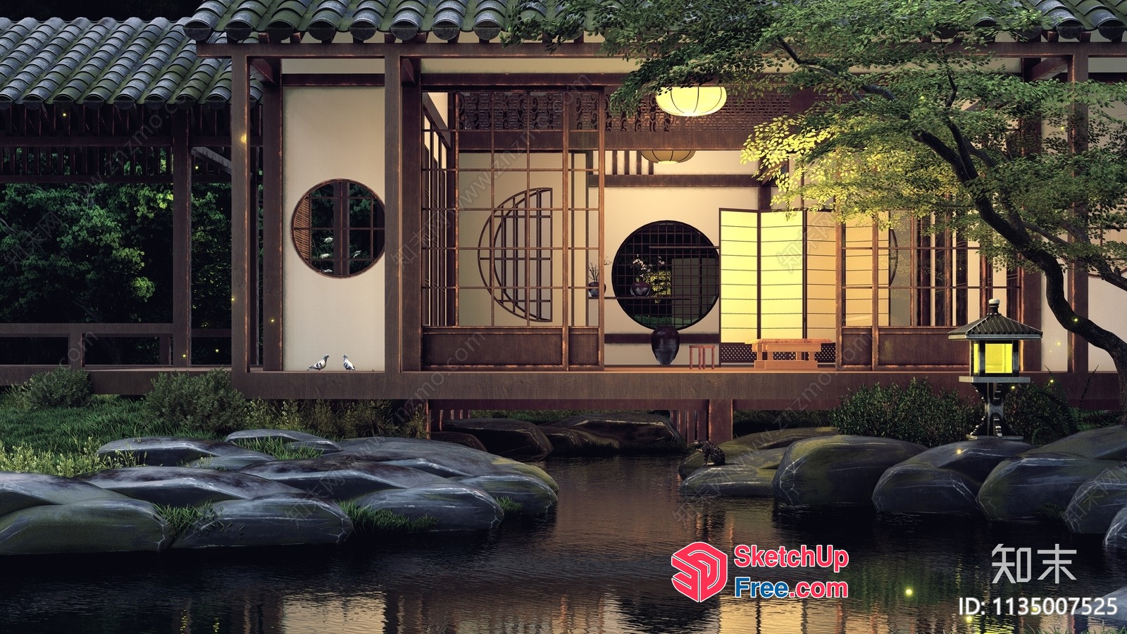 Traditional Japanese Home Exterior With Bridge And Pond 3D SketchUp File