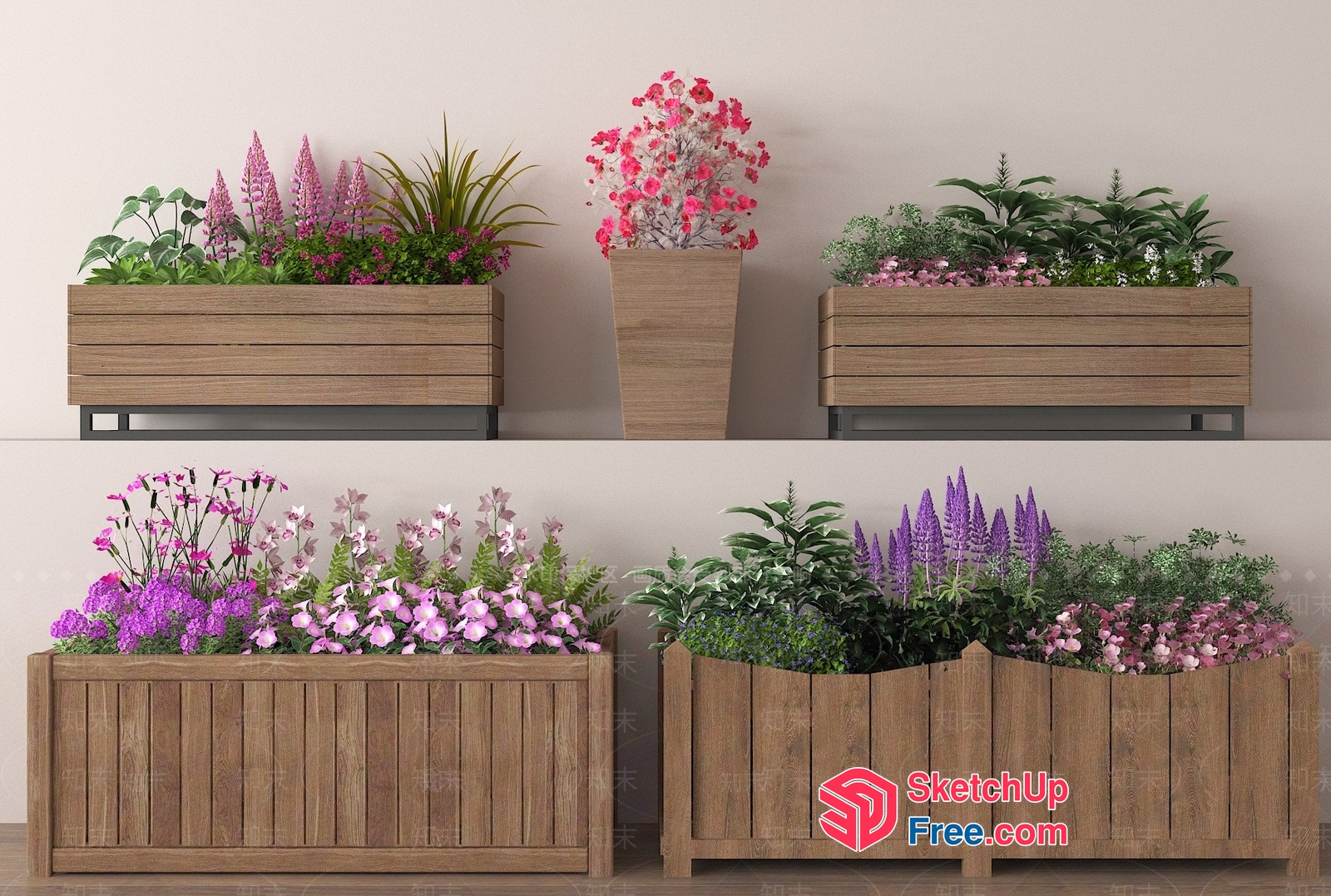 Wooden Planter Boxes With Various Plants 3D SketchUp File