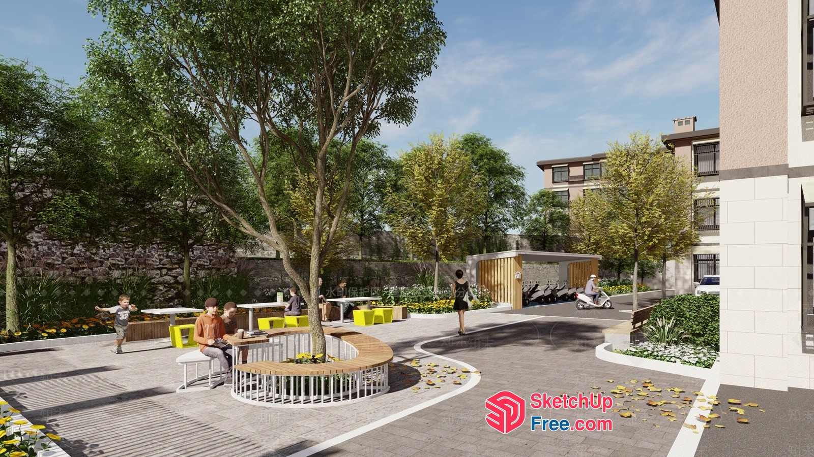 Modern Urban Outdoor Space With Trees And Seating 3D SketchUp File