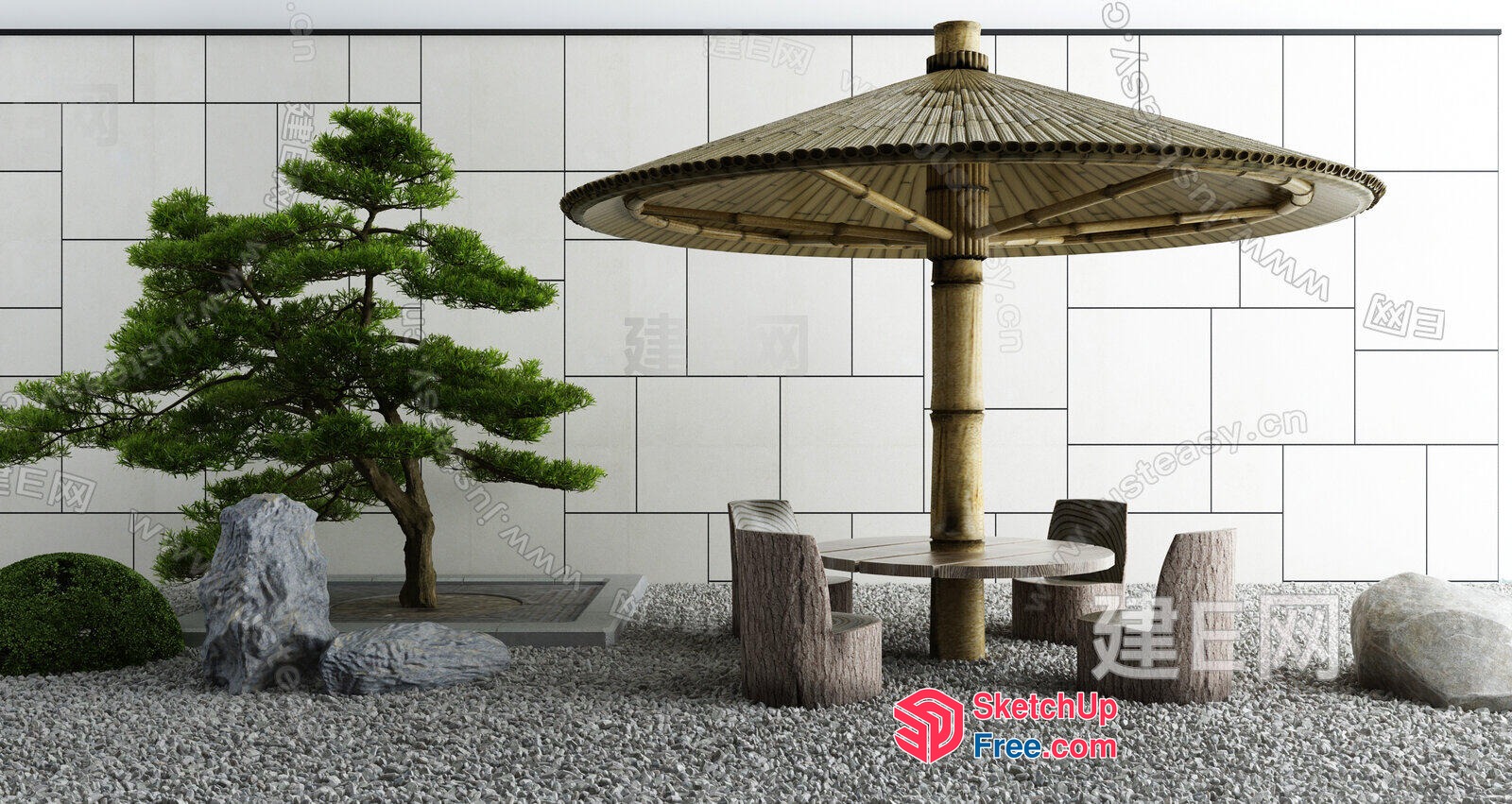 Japanese Style Outdoor Seating Area With Traditional Umbrella 3D SketchUp File