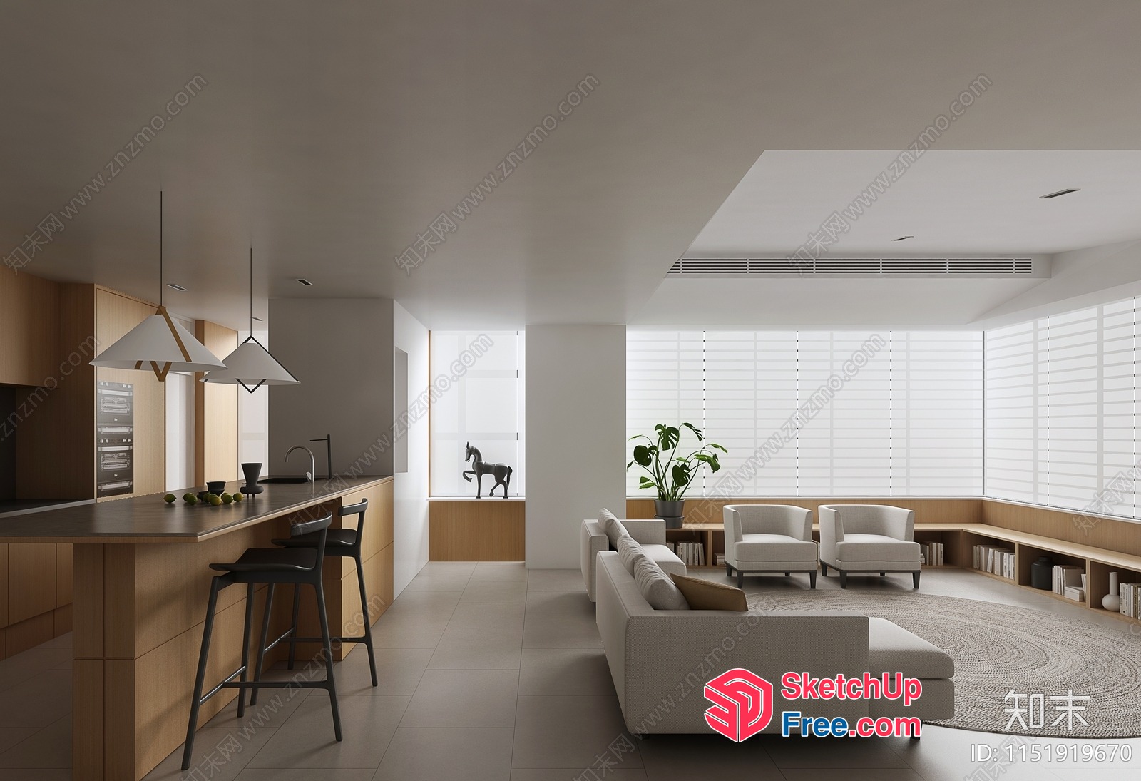 Modern Minimalist Japanese Style Living Room And Kitchen 3D SketchUp File