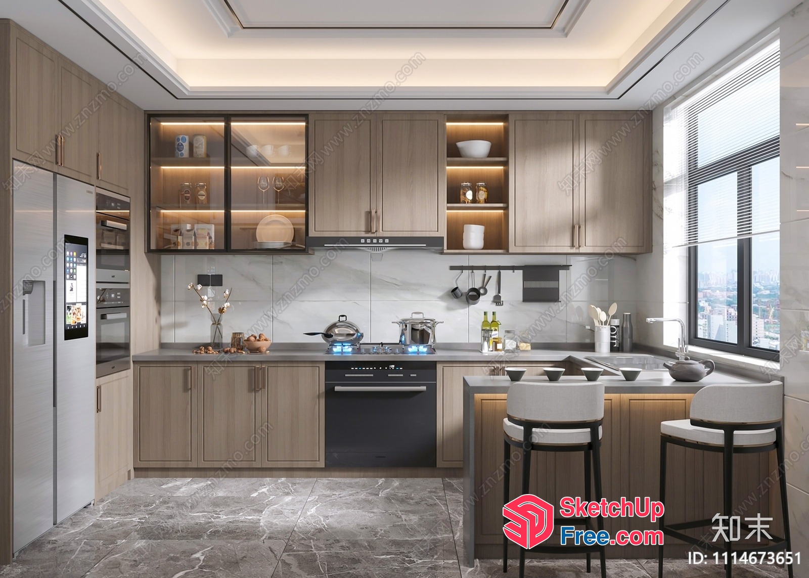 Modern Kitchen With Natural Wood Cabinets And Grey Countertops 3D SketchUp File