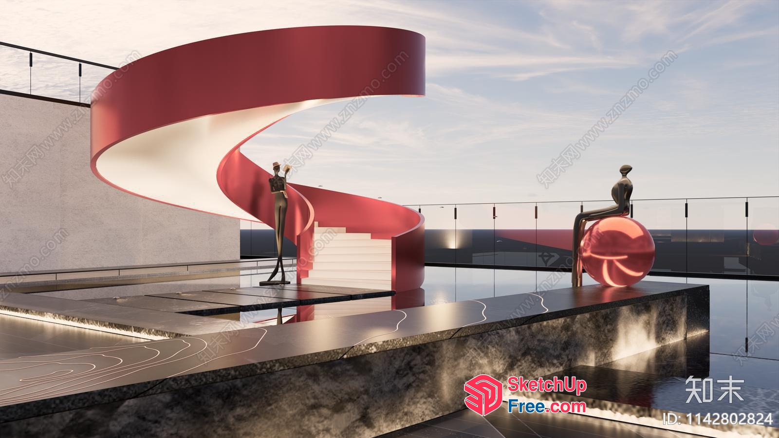 Spiral Staircase With Red And White Balcony 3D SketchUp File