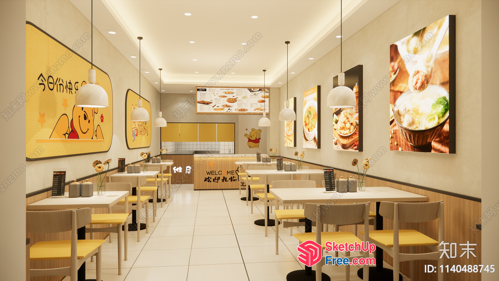 Modern Restaurant Interior With Winnie The Pooh Decor 3D SketchUp File
