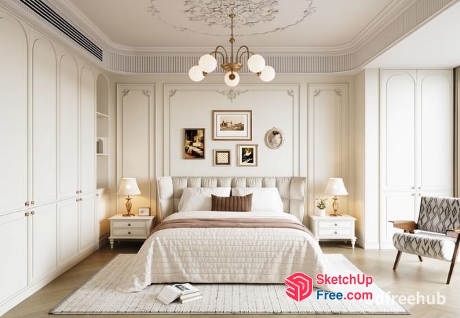 Elegant White Bedroom With Classic Moulding And Comfortable Bed 3D SketchUp File