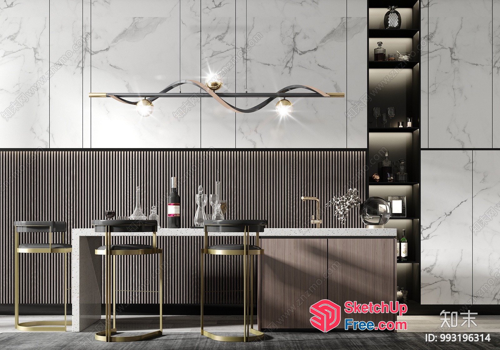 Modern Bar Counter With Wine Bottles And Bar Stools 3D SketchUp File