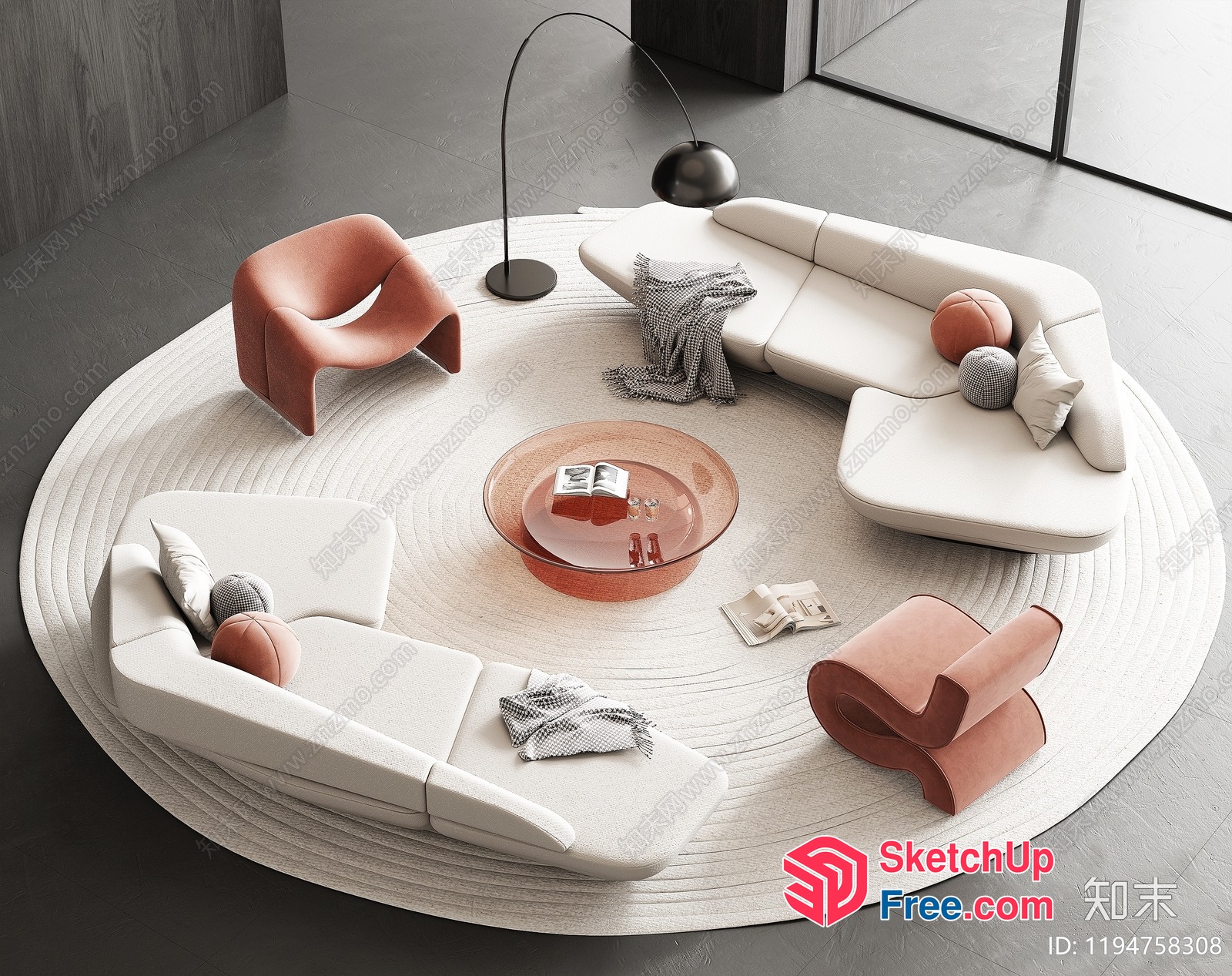 Modern Minimalist Living Room With Curved Sofa And Round Coffee Table 3D SketchUp File