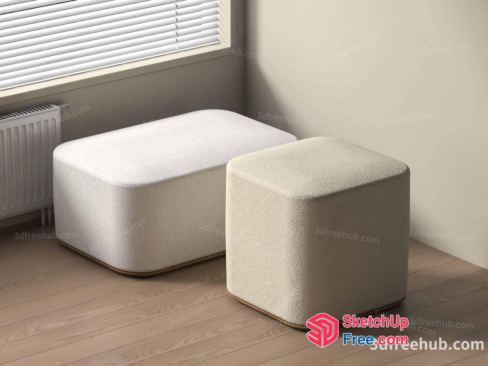 Two White Poufs In A Corner Of A Room 3D SketchUp File