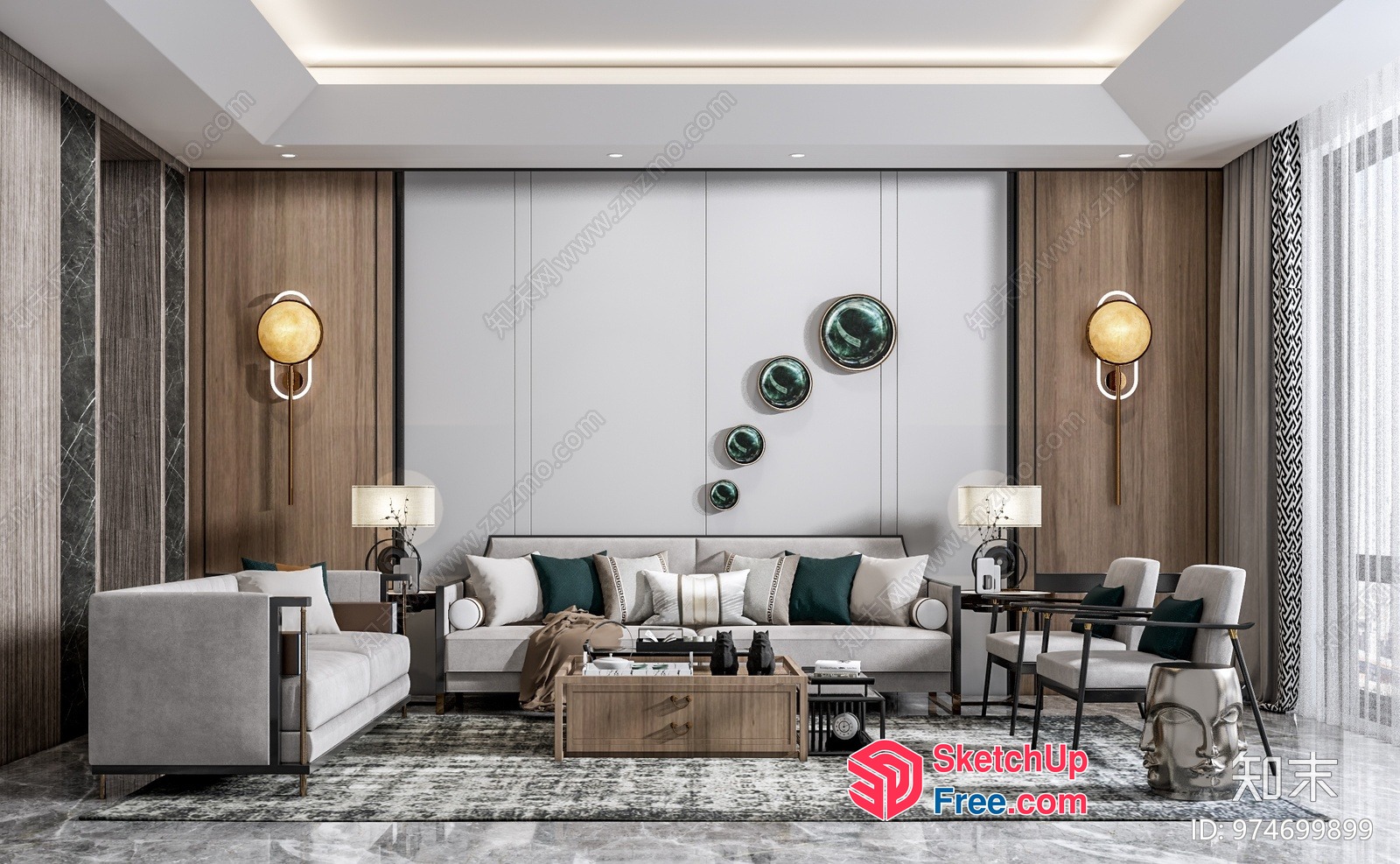 Modern Living Room With Creamy Style Sofa And Pillows 3D SketchUp File