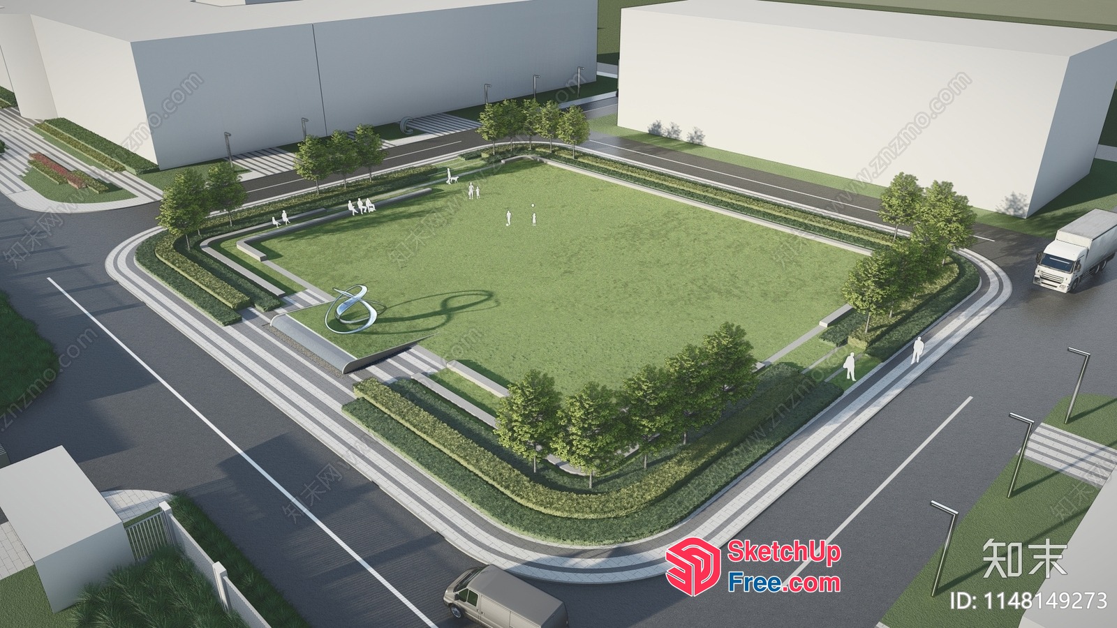 3D Rendering Of A Modern Urban Park With A Large Green Space 3D SketchUp File