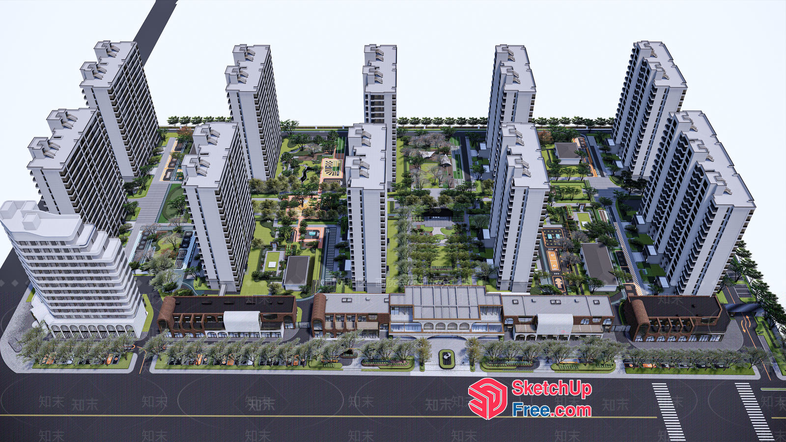 Modern Apartment Complex With Commercial Street And Industrial Park 3D SketchUp File
