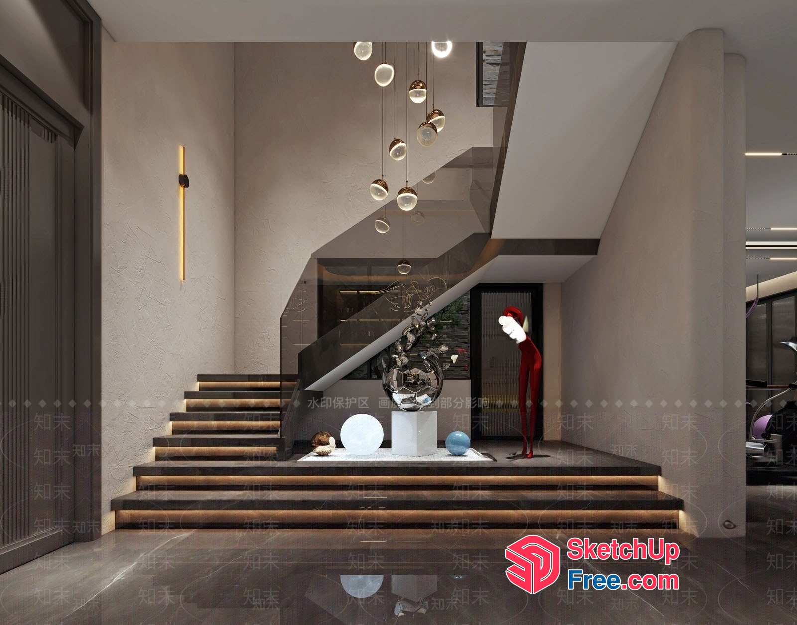 Elegant Modern Staircase With Glass Ball Chandelier 3D SketchUp File