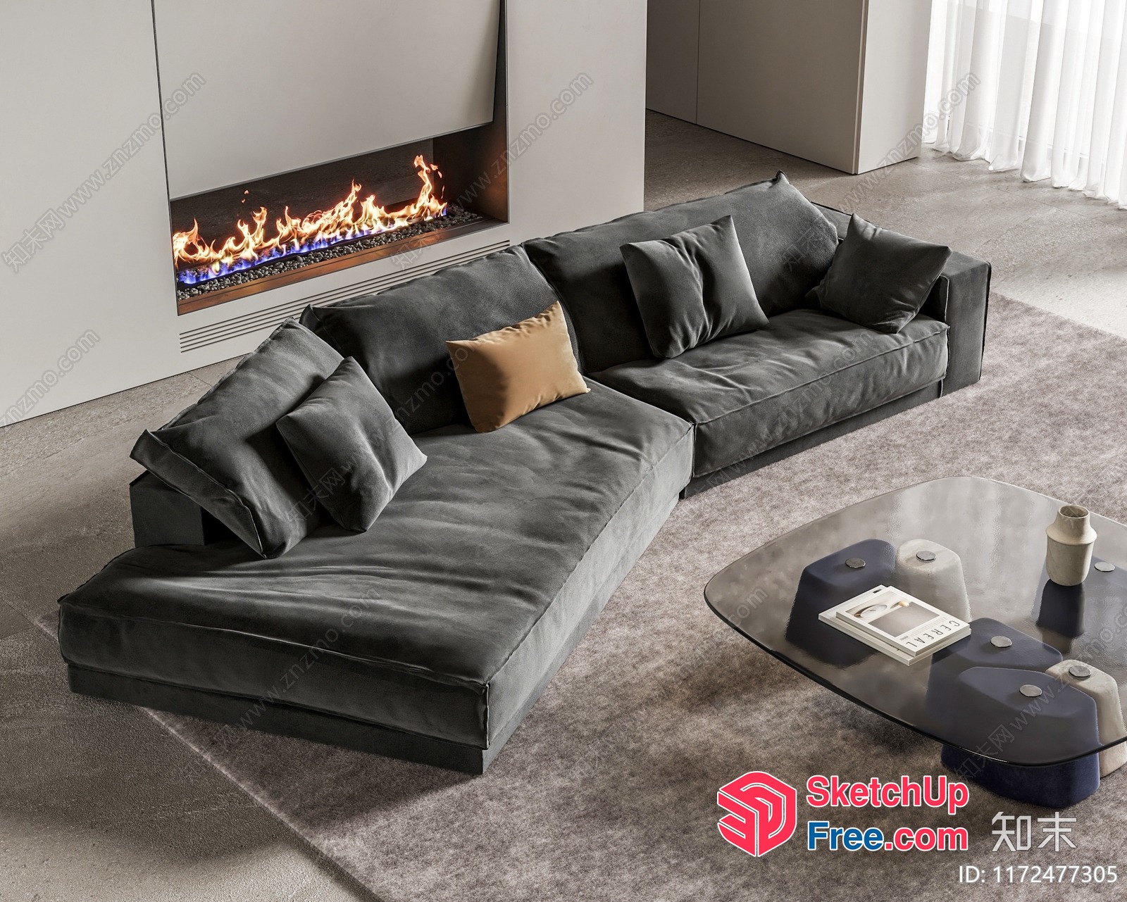Modern Minimalist Living Room With Fireplace And Grey Sofa 3D SketchUp File