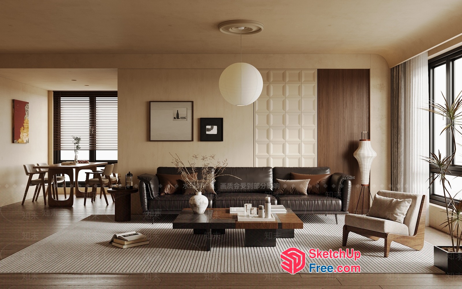 Modern Living Room With Brown Leather Sofa And Wood Accents 3D SketchUp File