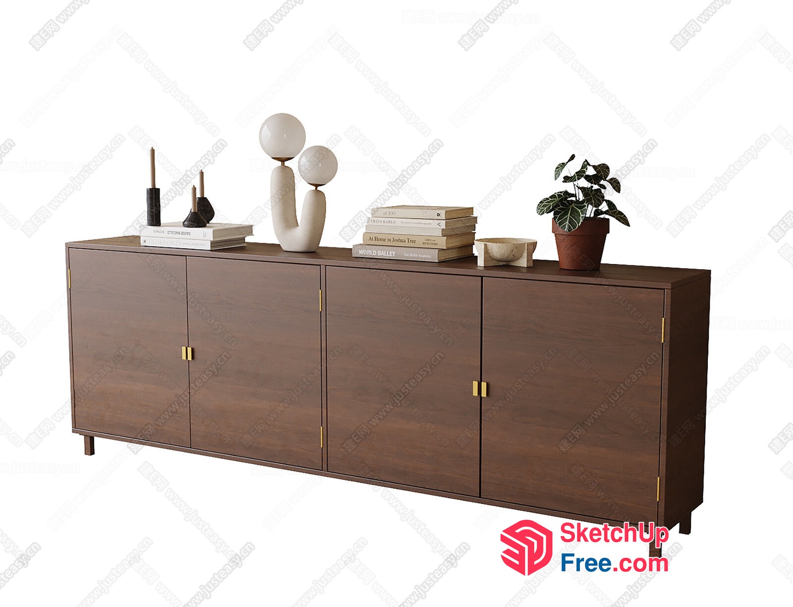 Mid-Century Modern Sideboard With Gold Hardware And Dark Wood 3D SketchUp File