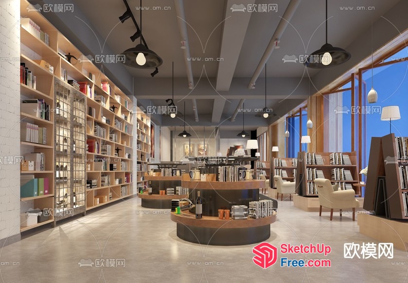Modern Library Interior With Bookshelves And Reading Areas 3D SketchUp File
