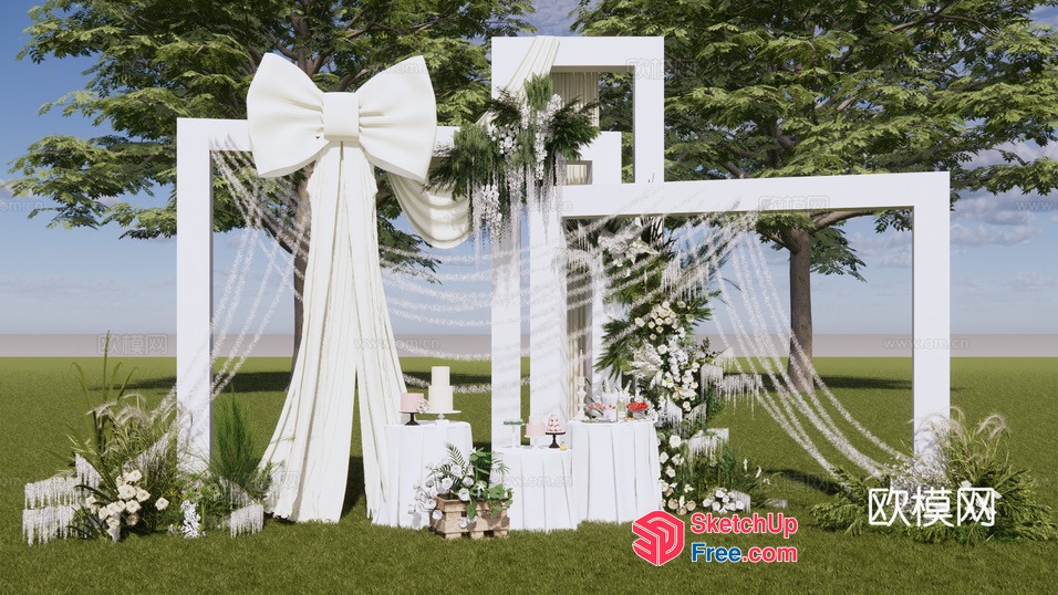 White Wedding Archway With Large Bow And Flowers 3D SketchUp File