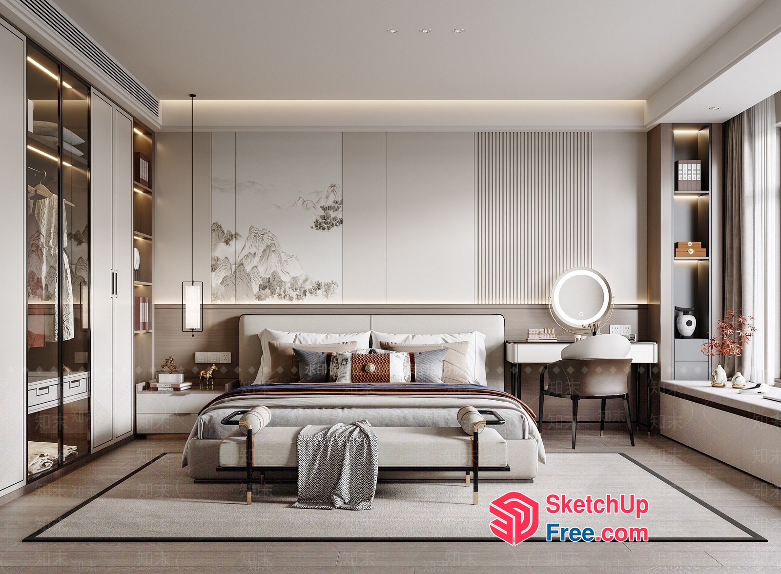 Elegant Modern Bedroom With Creamy Style And Minimalist Decor 3D SketchUp File