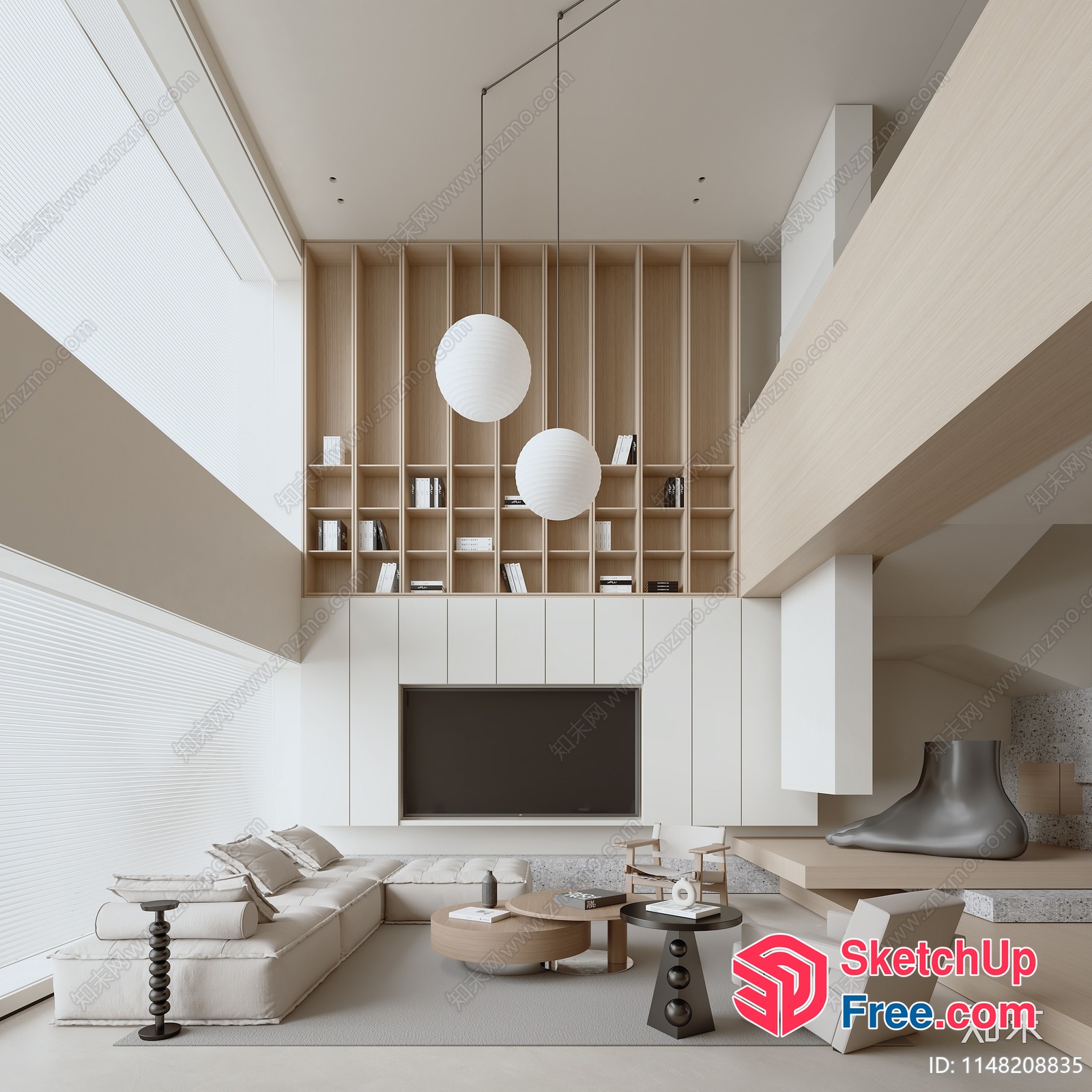 Minimalist Modern Living Room With Large Windows And High Ceiling 3D SketchUp File