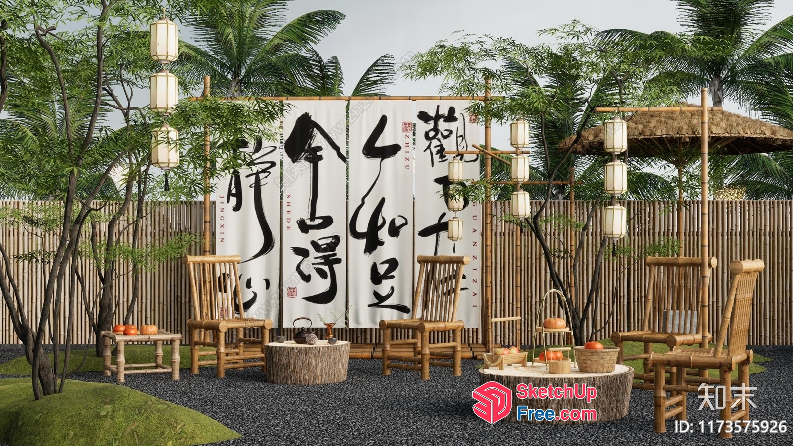 Asian-Inspired Outdoor Seating Area With Calligraphy Art 3D SketchUp File