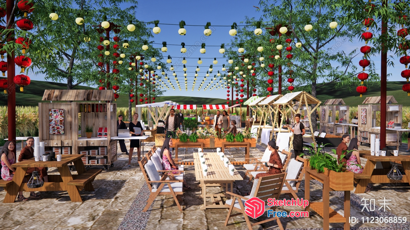 Outdoor Seating Area With Lanterns And Trees 3D SketchUp File